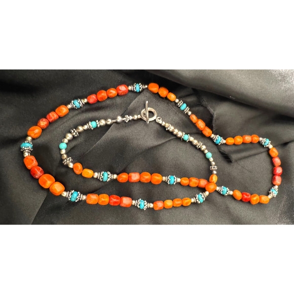 Coral Turquoise Beaded Necklace Sterling Silver Southwestern 28" Stone Natural - Picture 4 of 9